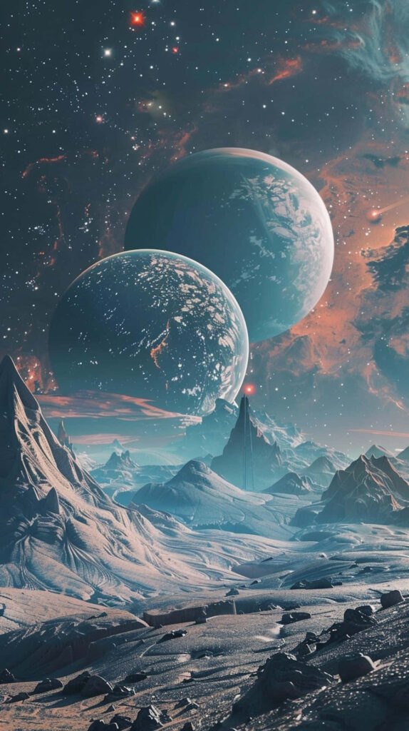 Alien landscape with rugged mountains twin planets and star filled sky cosmic wallpaper background