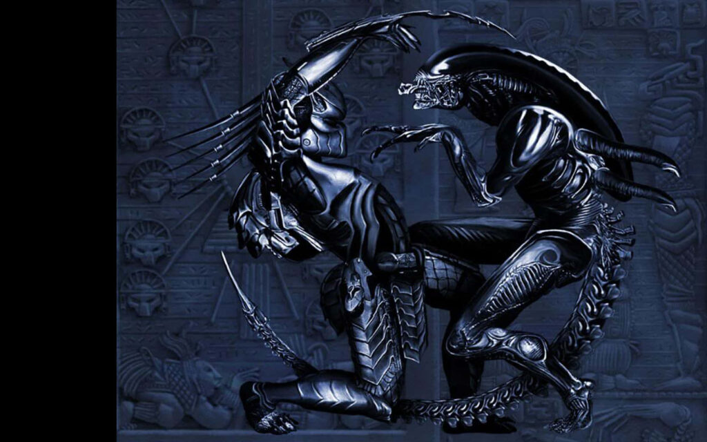 Alien vs Predator ancient battle scene wallpaper with detailed hieroglyphic sci-fi designs background