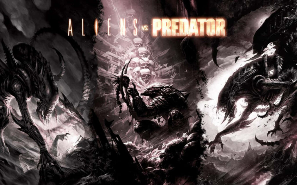 Alien Vs Predator movie poster style wallpaper showing intense battle in dark dystopian setting