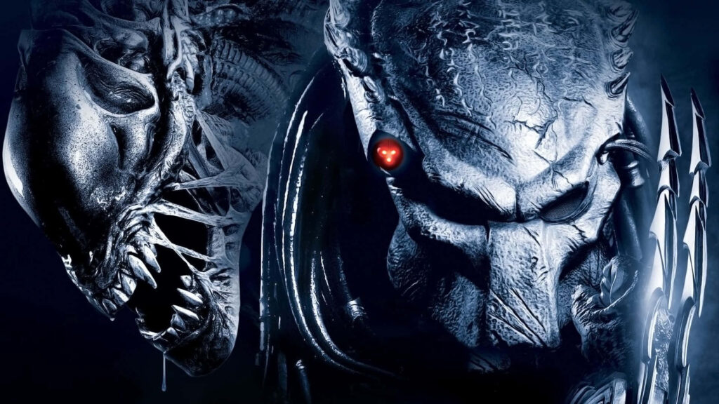 Close-up Alien and Predator faces with detailed Celtic and Elder Predator masks wallpaper background