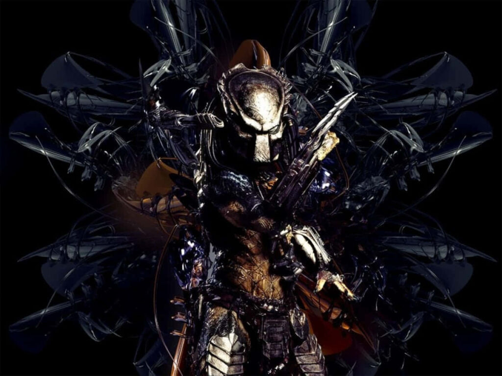 Predator in full armor standing against dark futuristic background with mechanical elements wallpaper