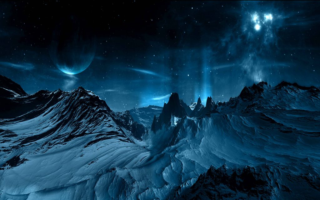 Icy alien mountains under glowing planet and starry nebula cosmic sky digital art wallpaper