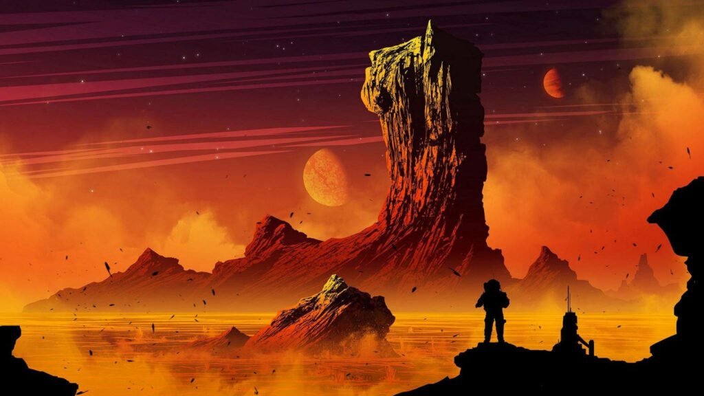 Exploring Alien Worlds: Majestic HD Digital Art depicting Extraterrestrial Landscapes, Celestial Moons, Nearby Planets, and the Enigmatic Journey of a Space Voyager Wallpaper