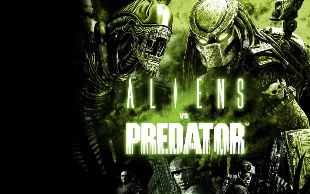 Aliens vs Predator wallpaper with Xenomorph and Predator face-off neon green soldiers background