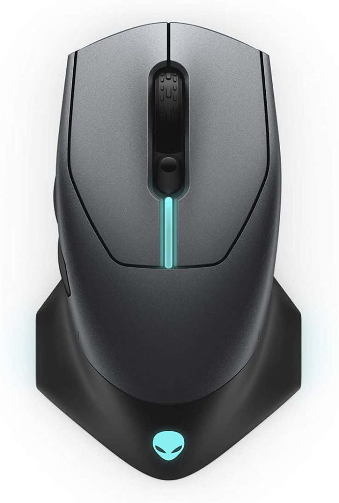 Alienware AW610M wireless gaming mouse with glowing cyan logo on dark grey minimalist wallpaper