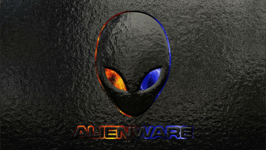 Alienware wallpaper with iconic alien head logo vibrant orange blue reflections dark textured background