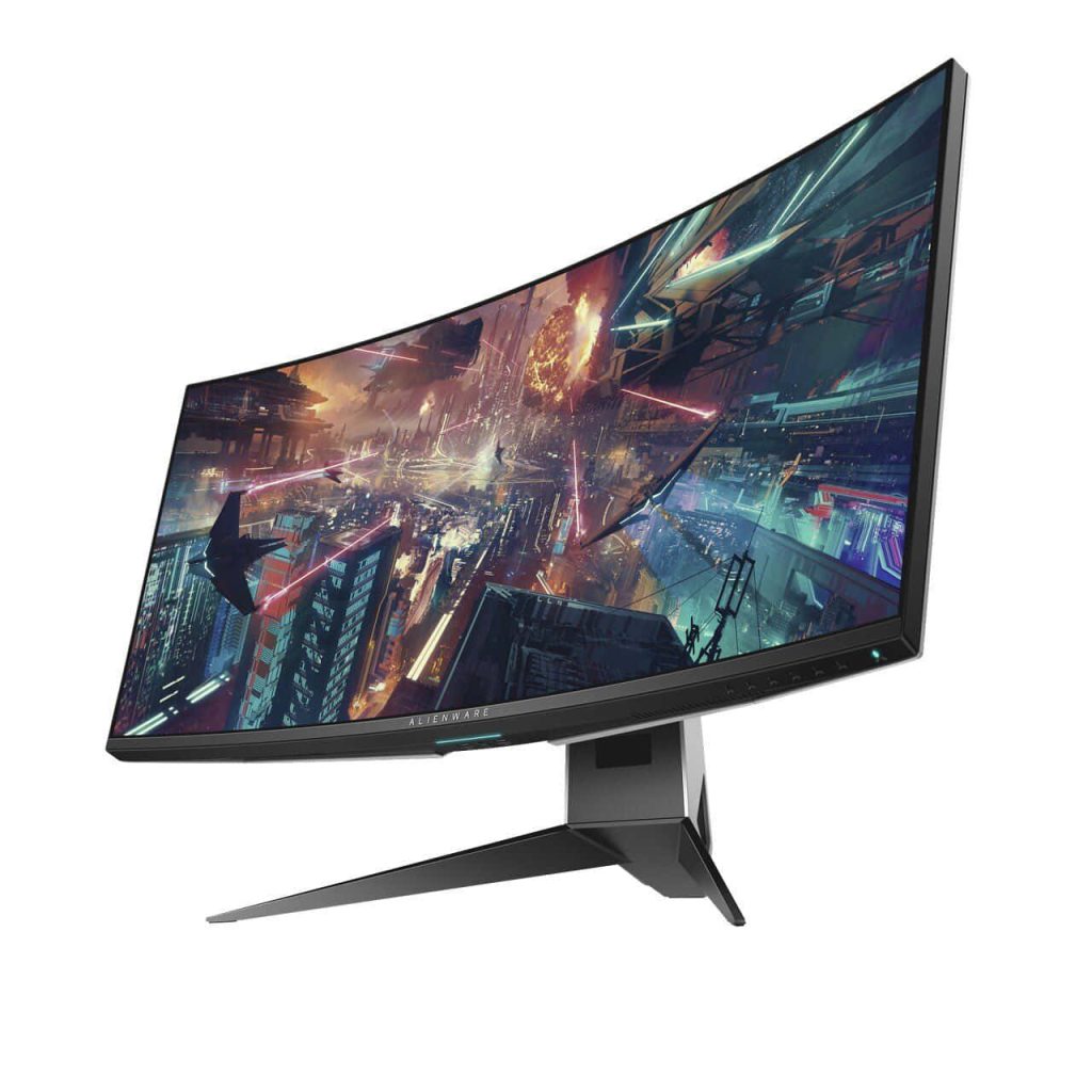 Alienware curved gaming monitor with vivid sci-fi cityscape and futuristic ships fiery lighting Wallpaper
