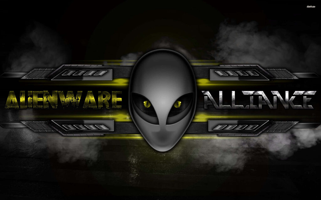 Alienware wallpaper futuristic metallic design glowing yellow alien head emblem with smoke effects