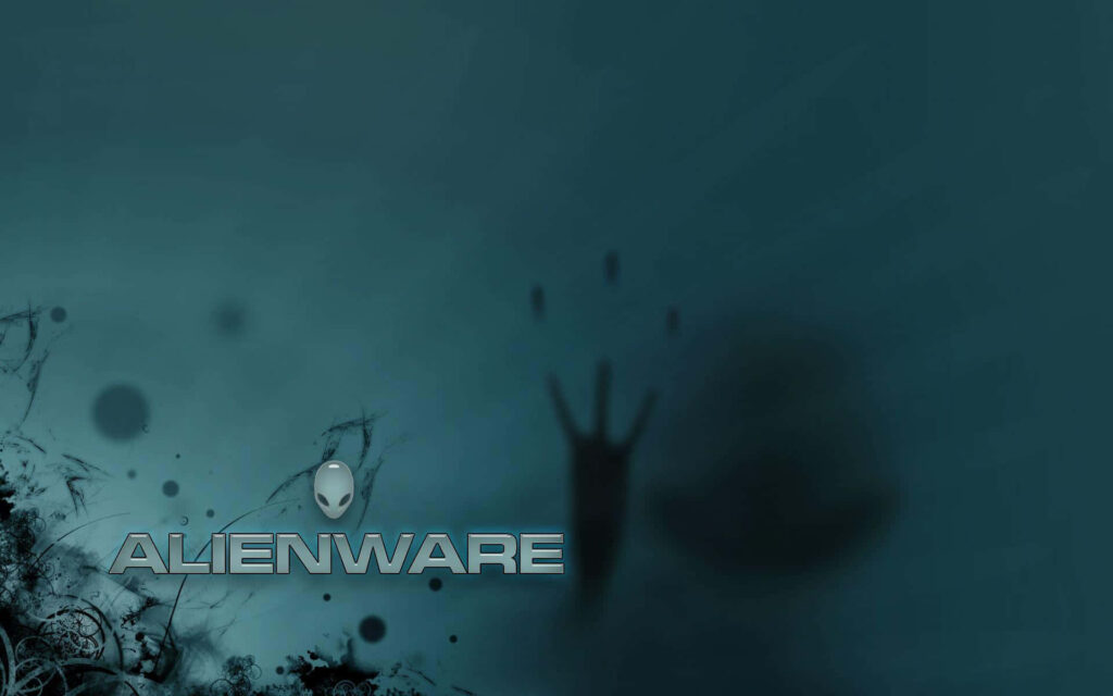 Alienware wallpaper with futuristic alien head logo and metallic text on dark blue background