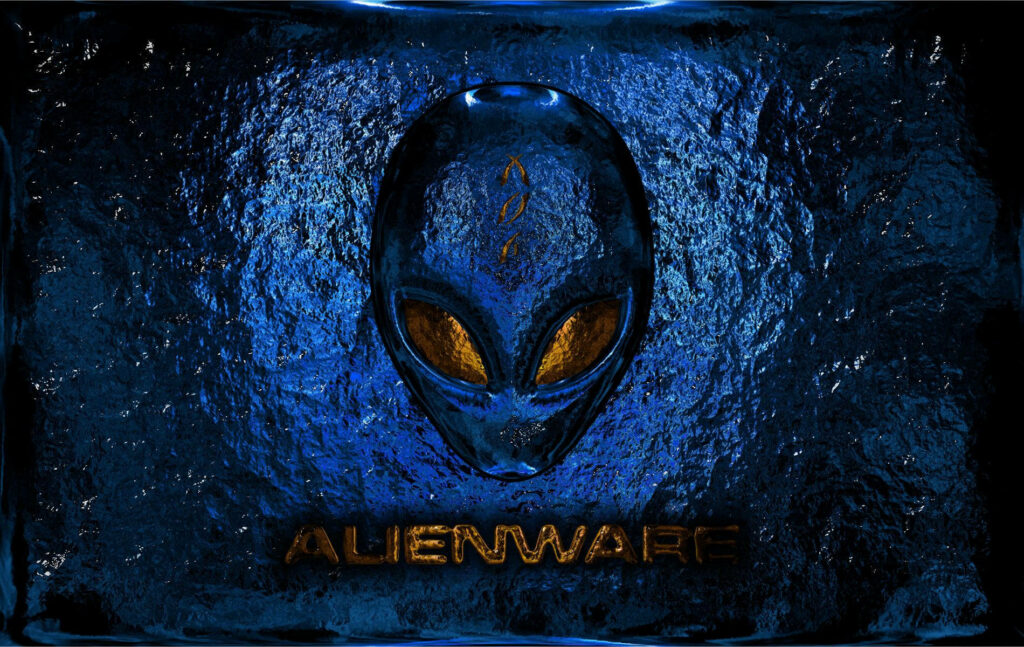Alienware wallpaper with glowing alien head bold branding on sleek blue textured background