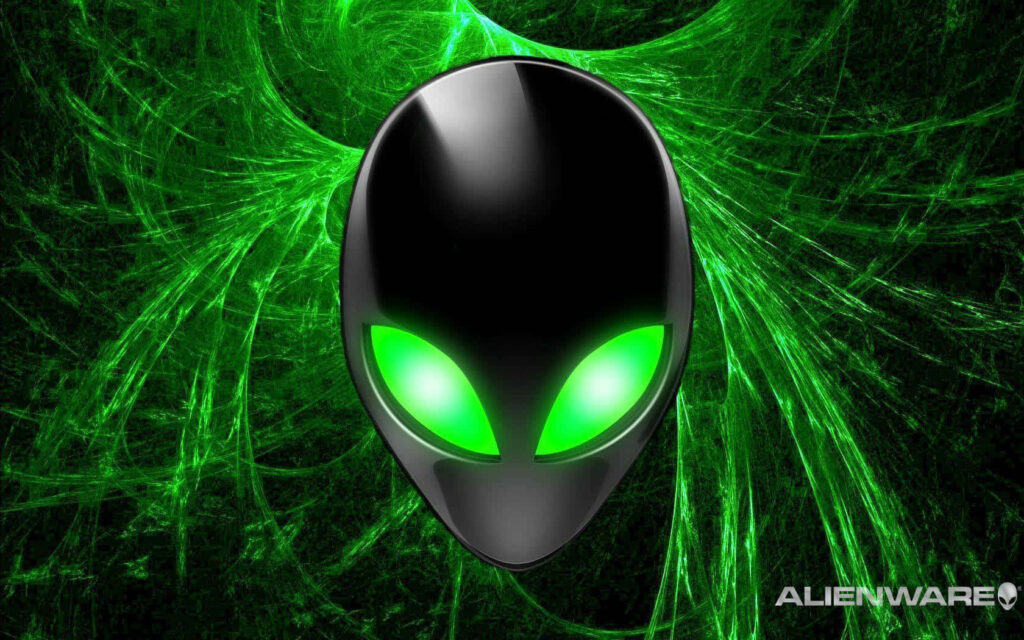 Alienware glowing green alien head logo on electric green abstract background futuristic wallpaper