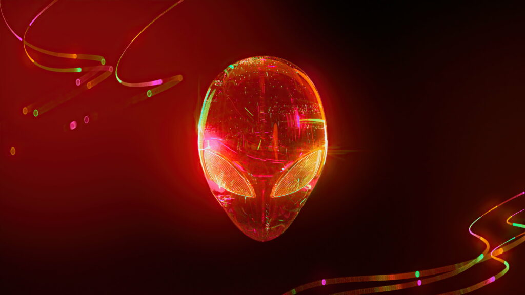 The Futuristic Radiance: Alienware's Vibrant Glowing Red Logo Illuminating a 4K Wallpaper Computer Background