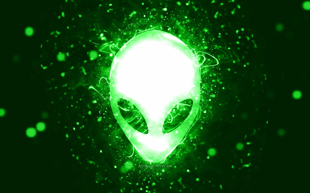 Emerald Extraterrestrial: Evoking Innovation with Alienware's Vibrant Brand Logo amidst a Luminous Green Abstract Realm Wallpaper