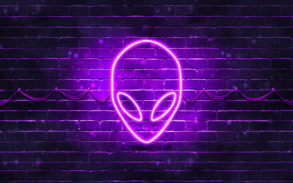 Vibrant Alienware Branding Illuminates Violet Brick Wall: Captivating 4K Wallpaper Displaying Alienware's Neon Logo