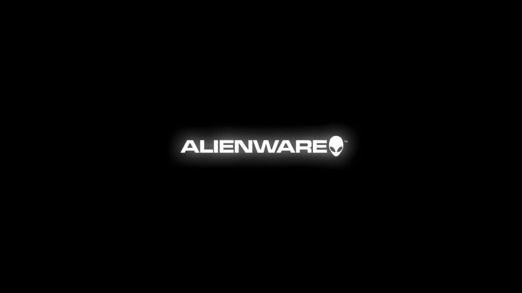 Alienware logo and text glowing white on solid black sleek modern tech wallpaper background