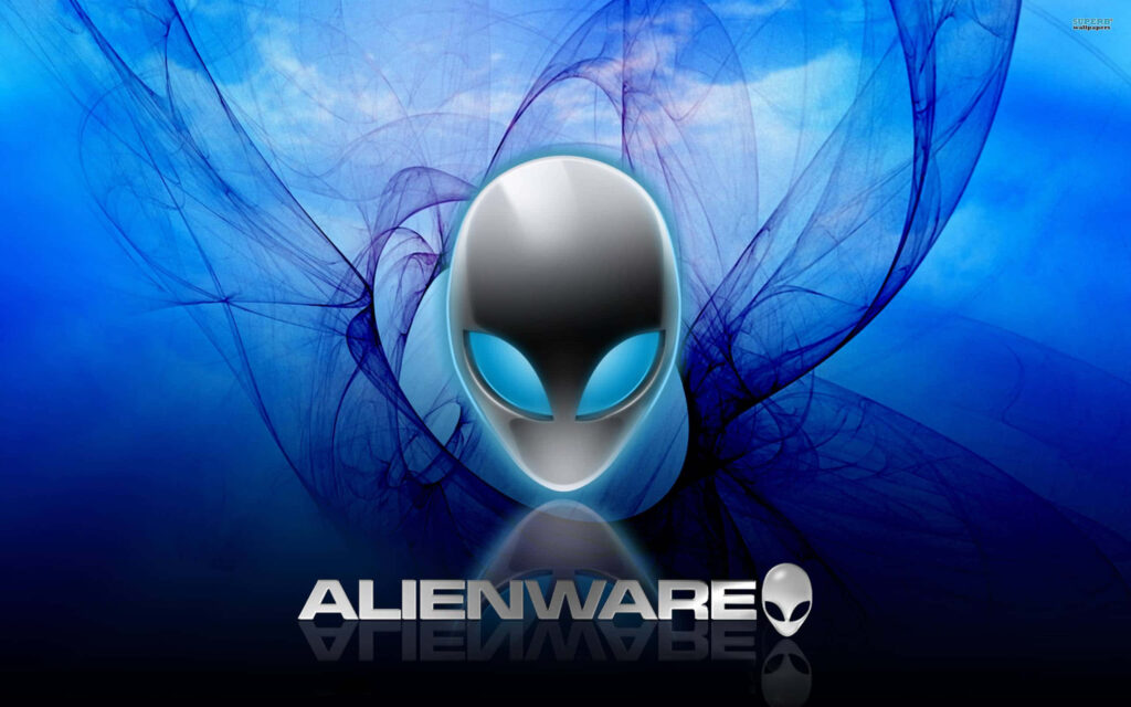 Alienware logo with glowing blue eyes on dynamic blue background futuristic high-tech wallpaper