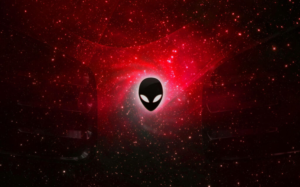 Alienware logo glowing on red cosmic background futuristic high performance gaming wallpaper