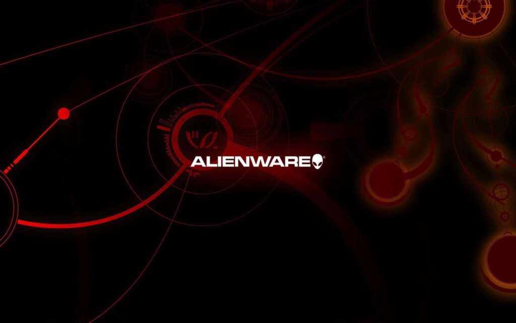 Alienware wallpaper with bold red black futuristic digital patterns and central Alienware logo