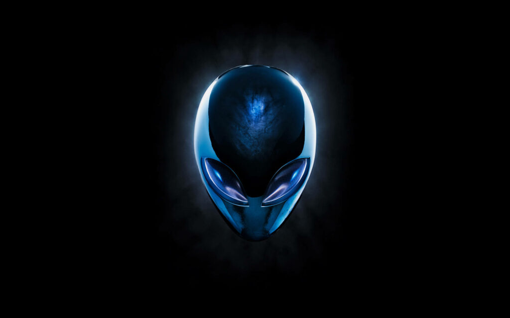 Alienware robotic logo glowing metallic blue on black background futuristic gaming wallpaper