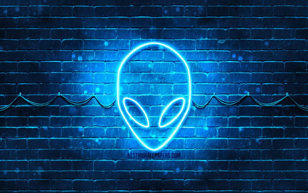 Branding Brilliance: Illuminating Alienware's Neon Logo Against a Blue Brick Wall Wallpaper