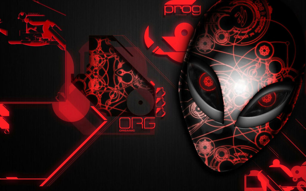 Alienware wallpaper with sleek black and red design featuring alien head and futuristic circuits