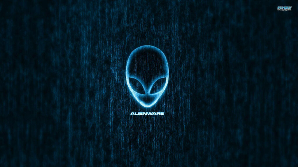 Alienware glowing alien head logo on futuristic digital blue desktop wallpaper background