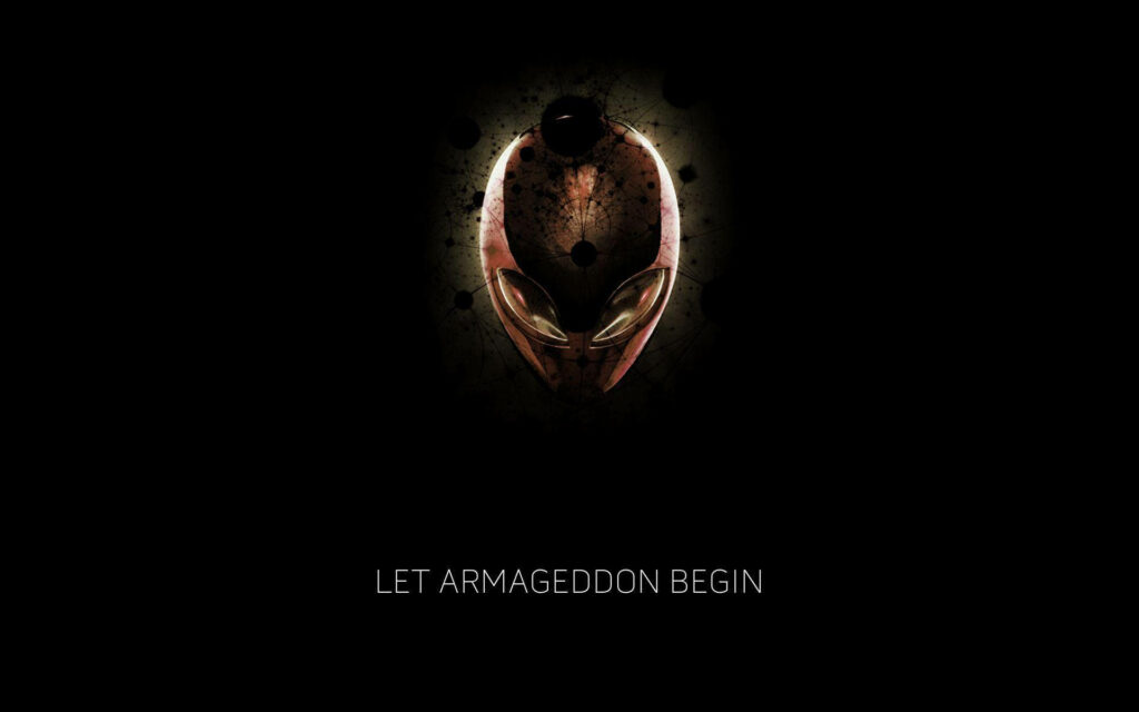 Alienware wallpaper with iconic alien head logo dark background Let Armageddon Begin text