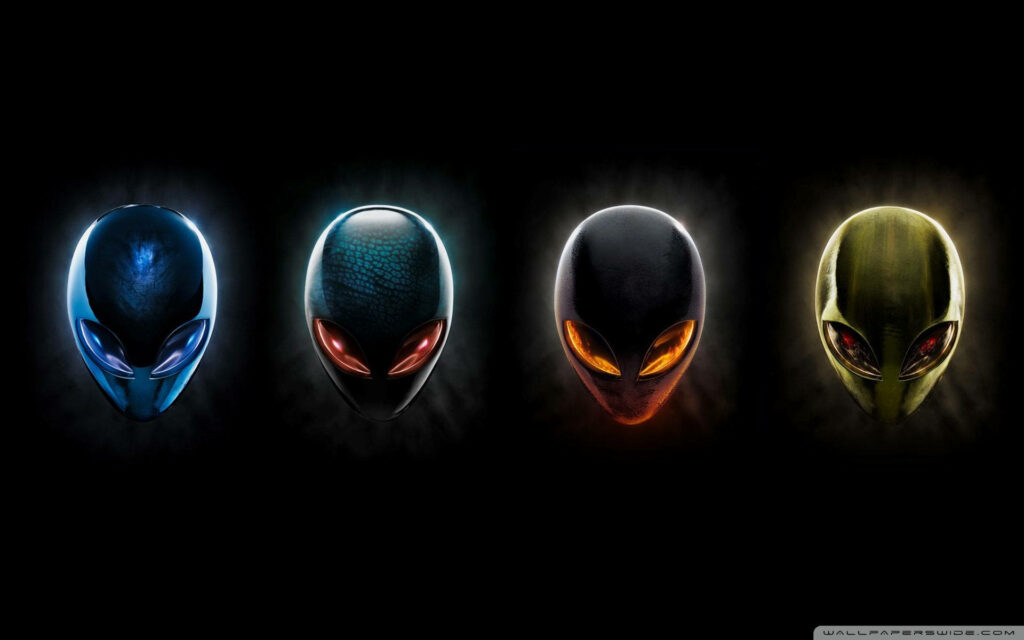 Alienware wallpaper with four colorful glowing alien heads on black background for gaming fans