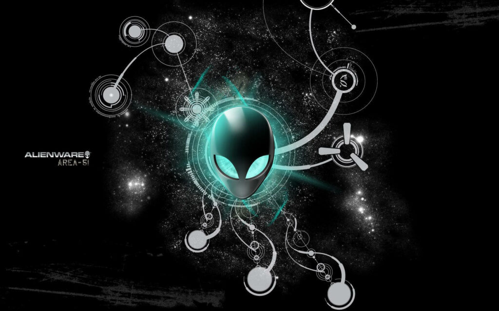 Alienware wallpaper with iconic alien head futuristic digital elements cosmic black background gaming