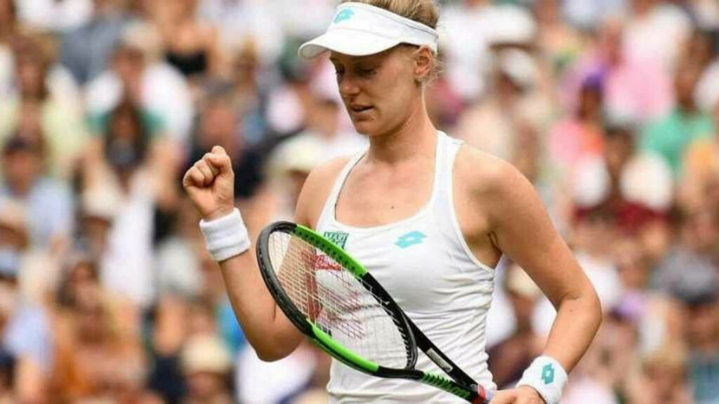 Alison Riske-Amritraj celebrates tennis point on court with blurred cheering crowd background wallpaper