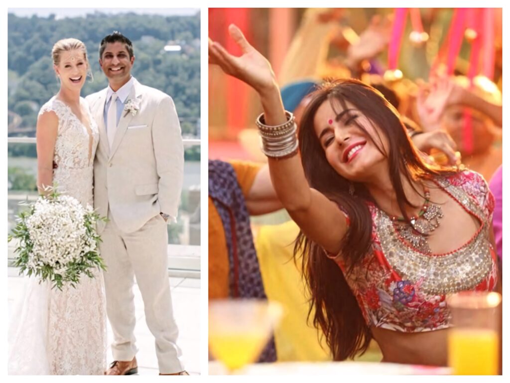 Wedding collage with Alison Riske Amritraj and vibrant Nachde Ne Saare dance celebration wallpaper