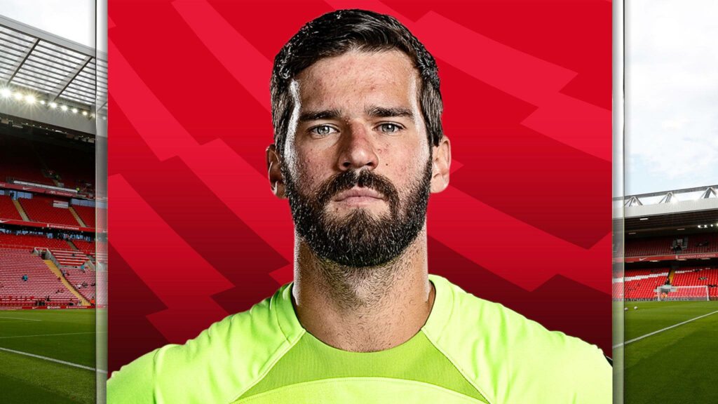 Alisson Becker focused profile wallpaper neon green kit red stadium background goalkeeper