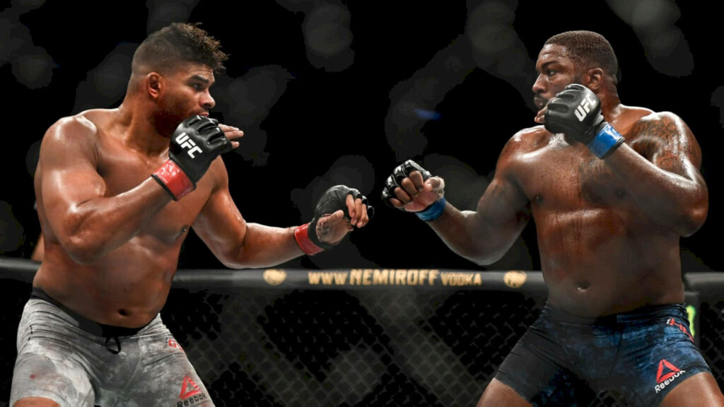 Alistair Overeem and Walt Harris UFC fight stance intense focus inside octagon wallpaper background