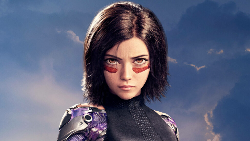 Alita Battle Angel in cyberpunk armor with vibrant face markings against dramatic sky wallpaper