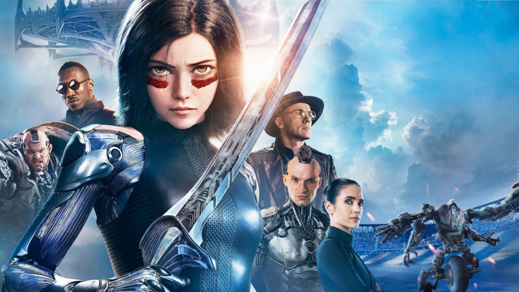 Alita Battle Angel ready with sword in futuristic armor against motorball intense backdrop Wallpaper