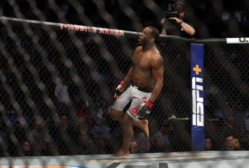 Aljamain Sterling celebrating UFC victory inside T-Mobile Arena Octagon fight wallpaper background