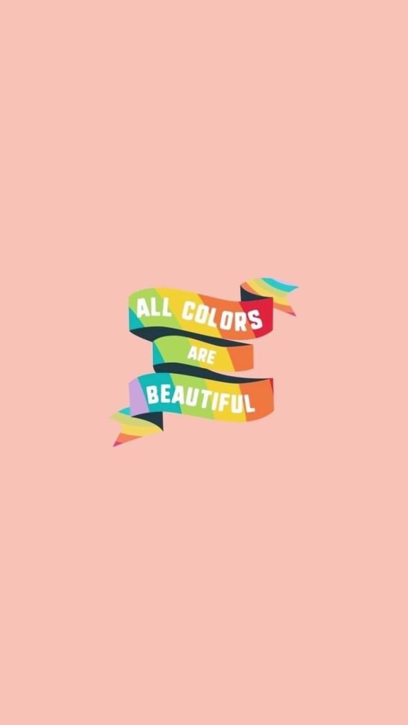 LGBT pride wallpaper with rainbow ribbon and All Colors Are Beautiful text on pastel pink background
