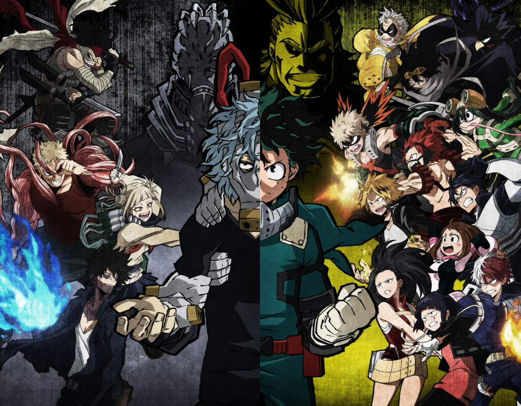My Hero Academia wallpaper with Tomura Shigaraki and villains versus Deku All Might and Class 1A