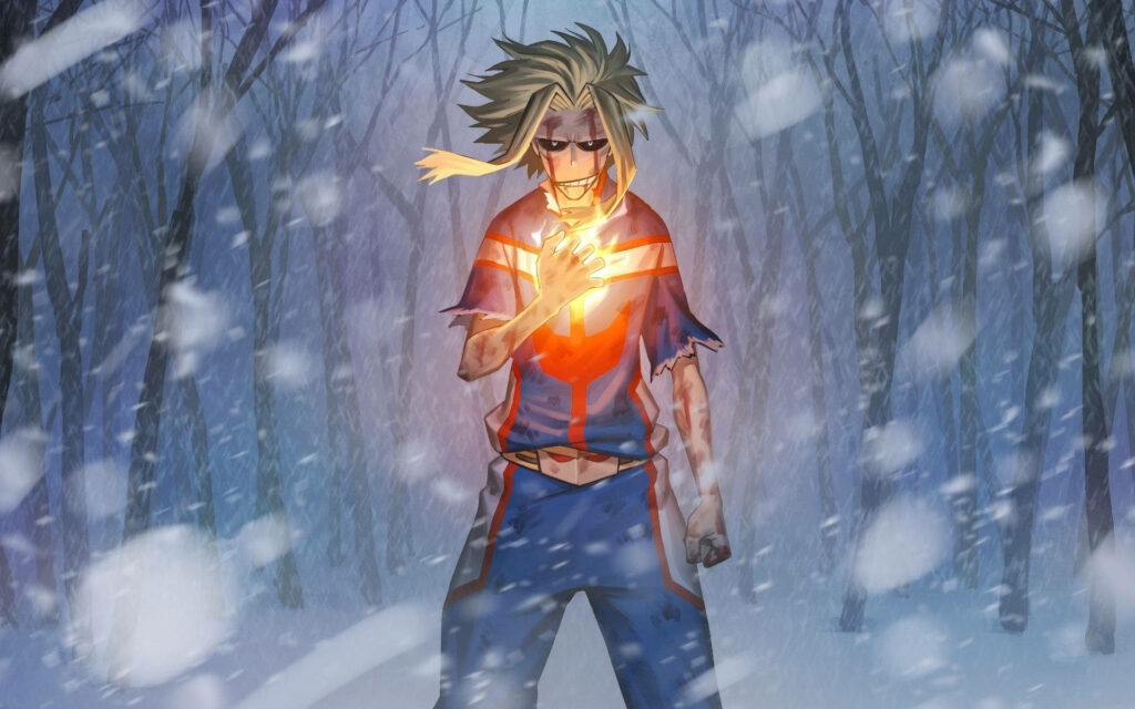 All Might from My Hero Academia in snowy forest with fiery hand glowing powerfully wallpaper