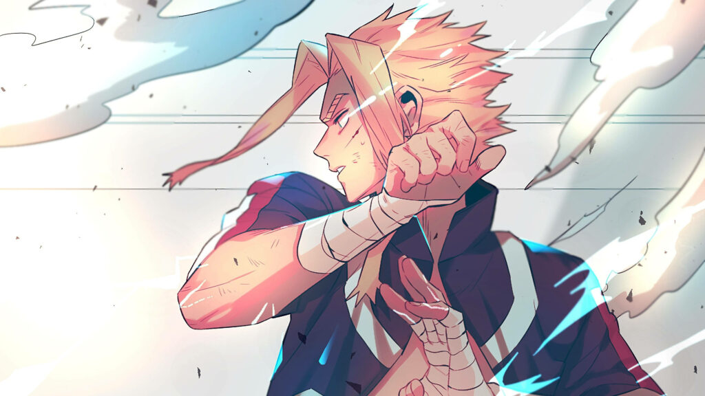 All Might from My Hero Academia mid-battle showing determination and dynamic bright colors Wallpaper