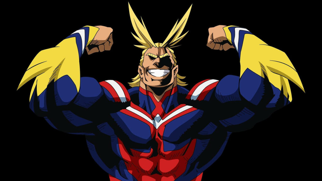 All Might from My Hero Academia confidently flexing muscles vibrant bold anime wallpaper background