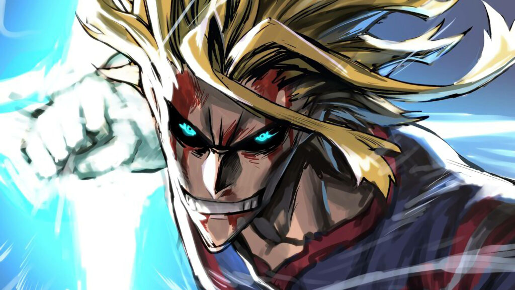 All Might from My Hero Academia delivering a powerful punch in dynamic action scene wallpaper