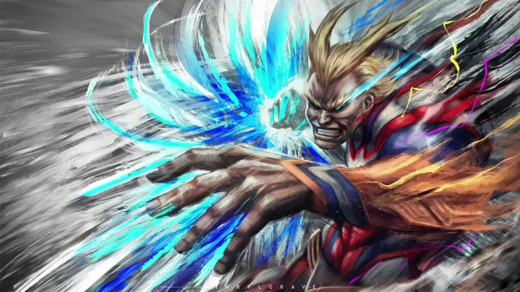 All Might from My Hero Academia unleashing powerful punch vibrant energy effects wallpaper