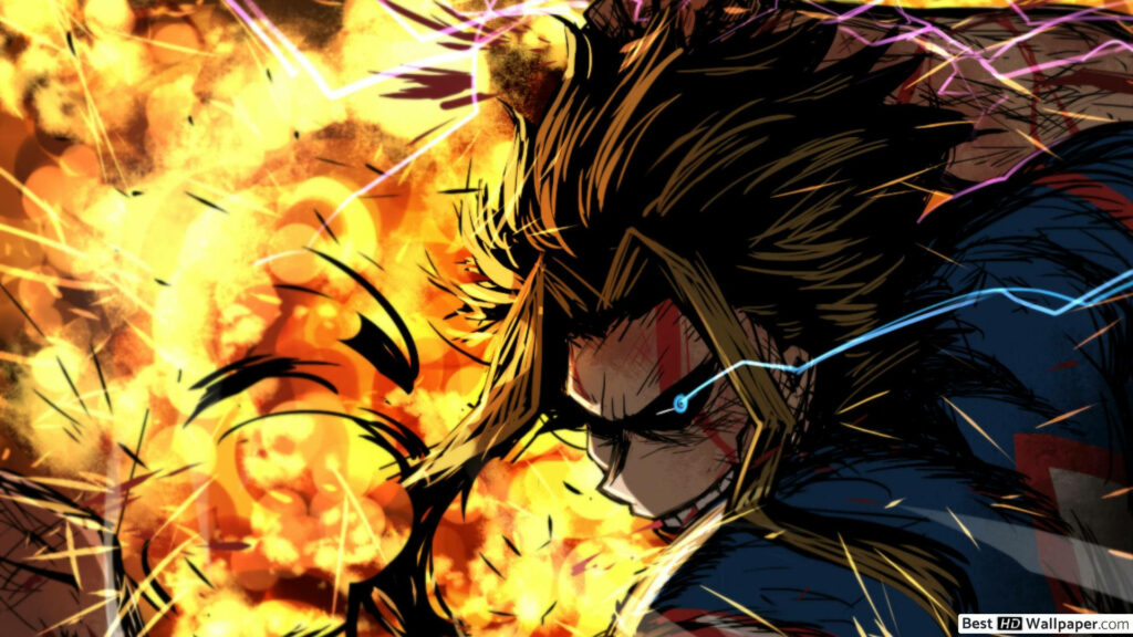 All Might My Hero Academia powerful pose with explosion and crackling energy background wallpaper