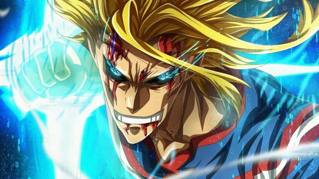 All Might from My Hero Academia in intense action pose with blue energy and determined eyes wallpaper