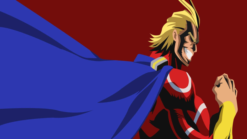 All Might My Hero Academia wallpaper dynamic pose blond hair blue cape red background minimalist