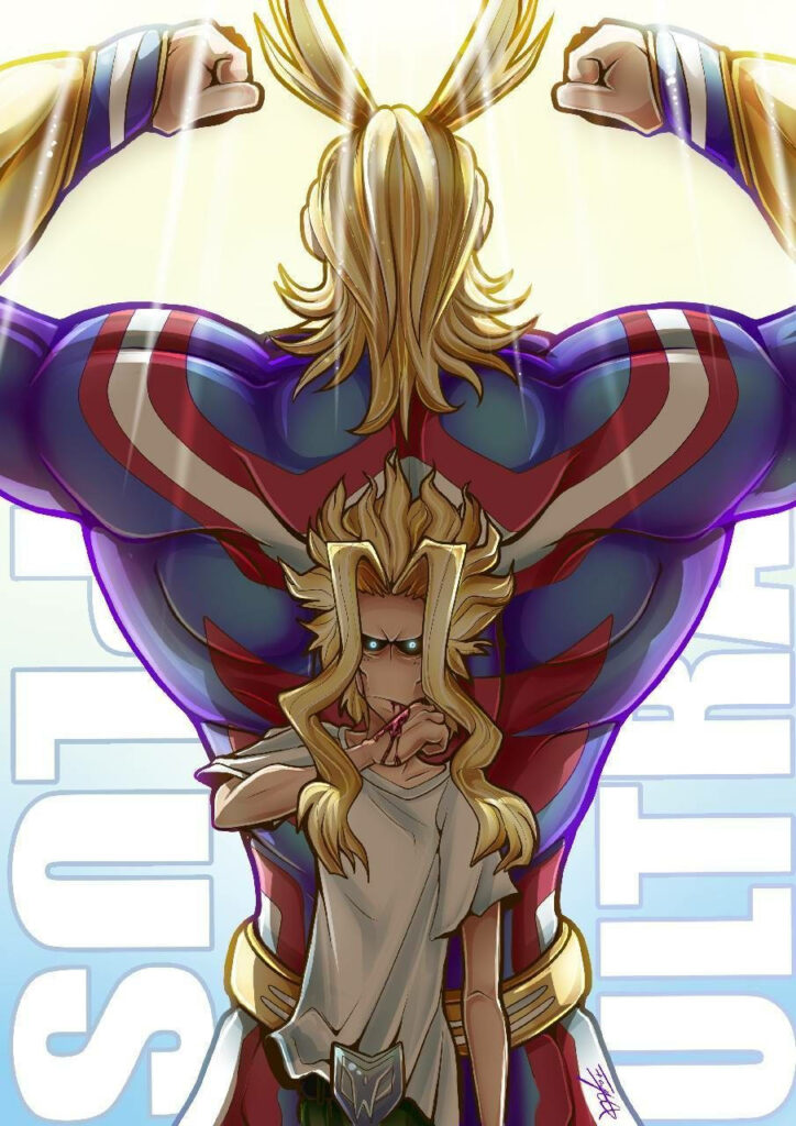 All Might My Hero Academia wallpaper showing hero form and true form Symbol of Peace strength
