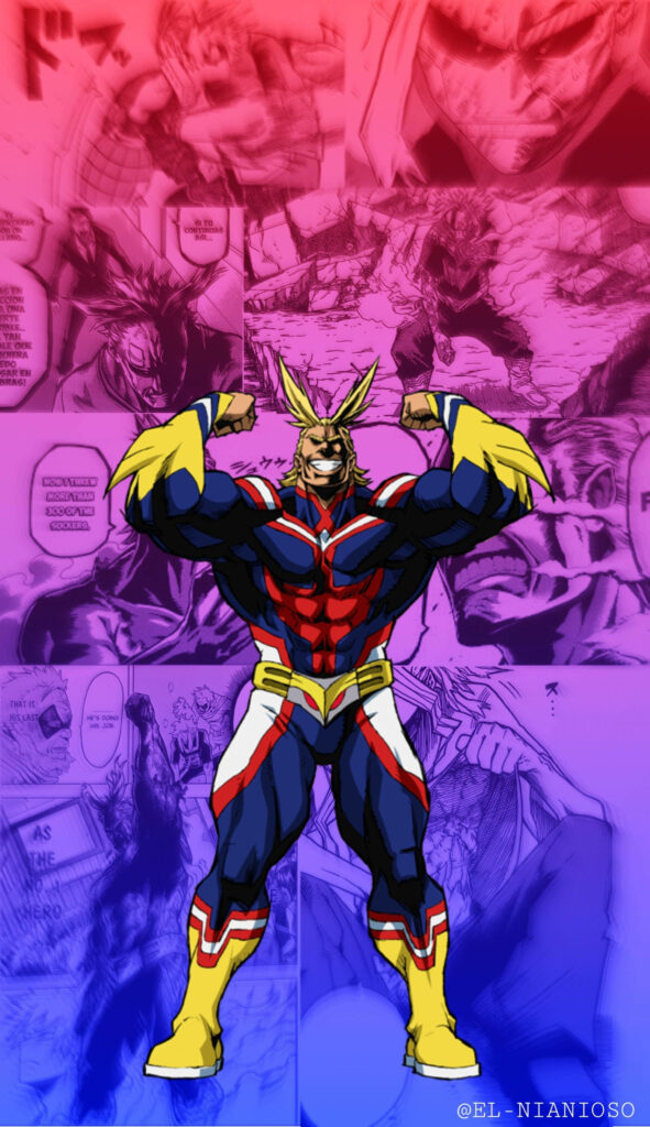 All Might from My Hero Academia flexing powerful muscles heroic pose manga wallpaper background