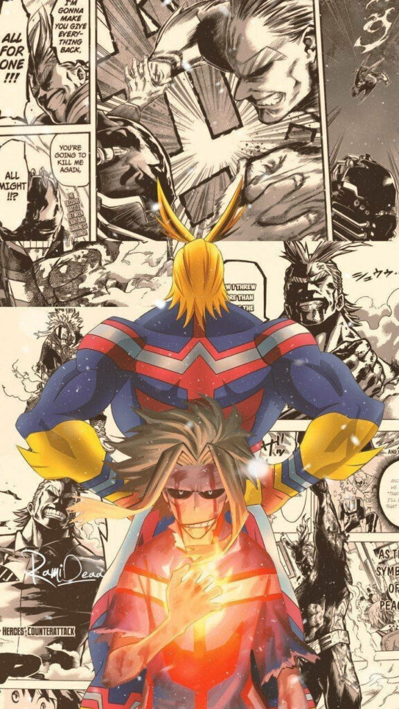 All Might My Hero Academia wallpaper vibrant heroic form vulnerable and dynamic manga panels background