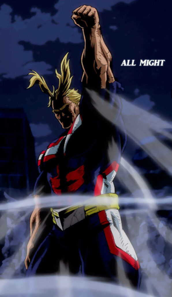 All Might from My Hero Academia punching with dynamic energy effects and name highlighted background Wallpaper